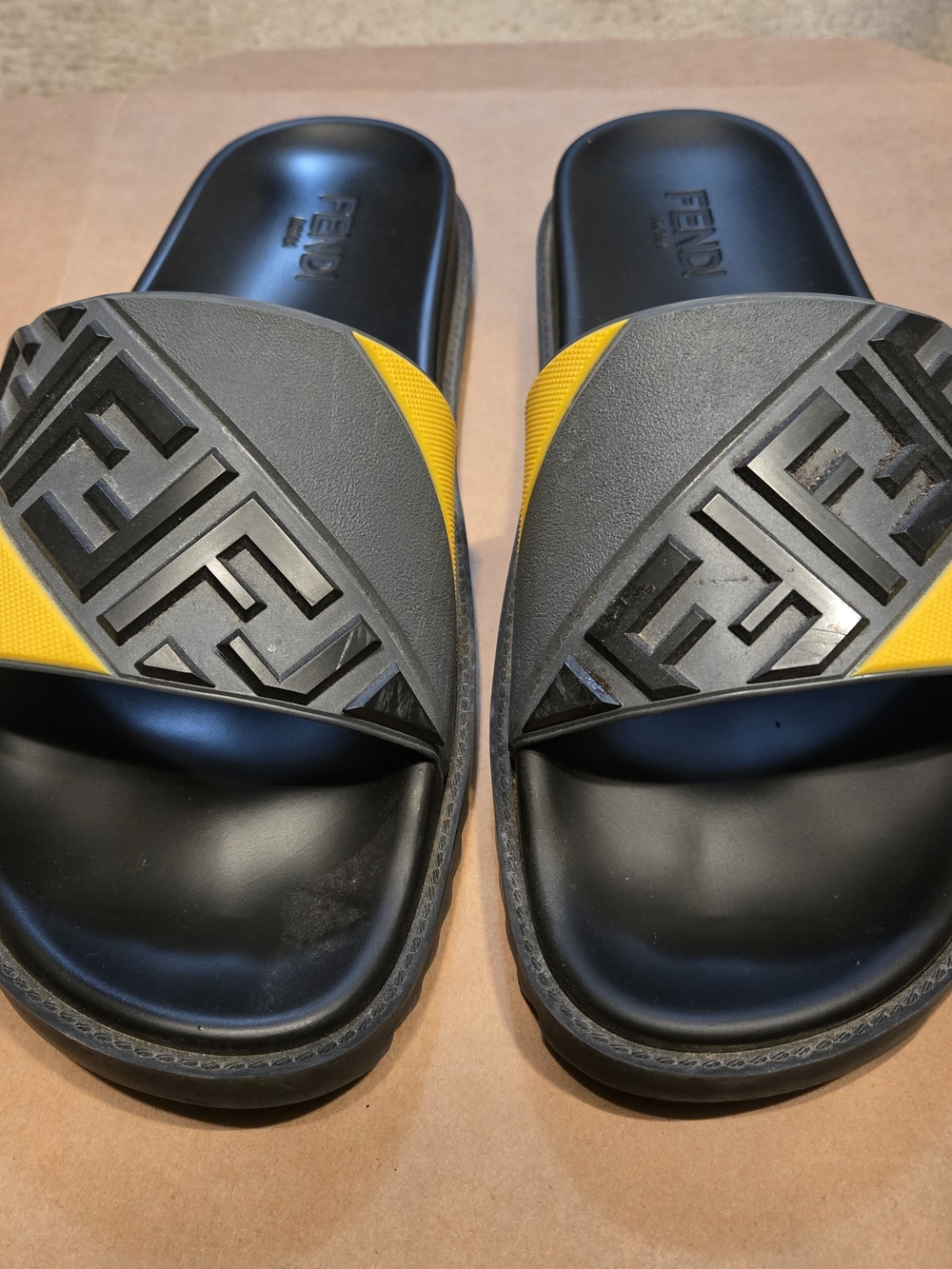 Fendi Black and Yellow Embossed Logo Slide Sandals
